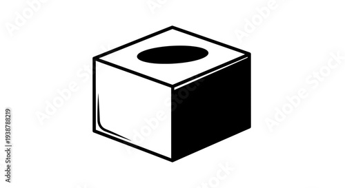 Minimalist isometric tissue box illustration in black and white graphic design element