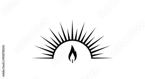 Minimalist graphic icon with a sunburst and centered flame symbolizing enlightenment and hope