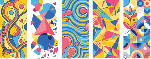 Vibrant abstract illustrations featuring geometric shapes and swirling patterns in a colorful collage from a frontal viewpoint