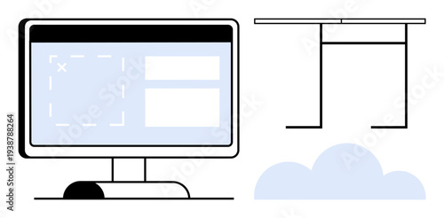 Digital services, cloud computing, workspace organization, software design, web development, data management. Computer screen interface with forms and a desk beside a cloud. Digital services
