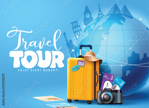 Travel and Tour template clipart design. Travel and Tour text clip art in blue globe landmark background with traveler element for holiday vacation journey and destination vector illustration.
