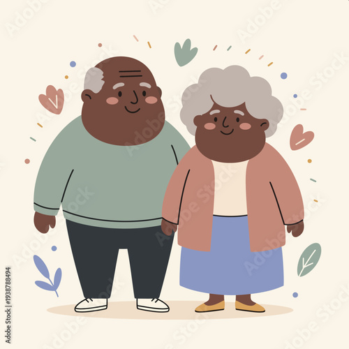 Elderly Couple Standing Together Smiling Illustration.