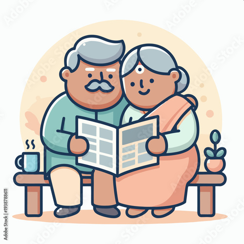 Elderly Couple Reading Newspaper Together.
