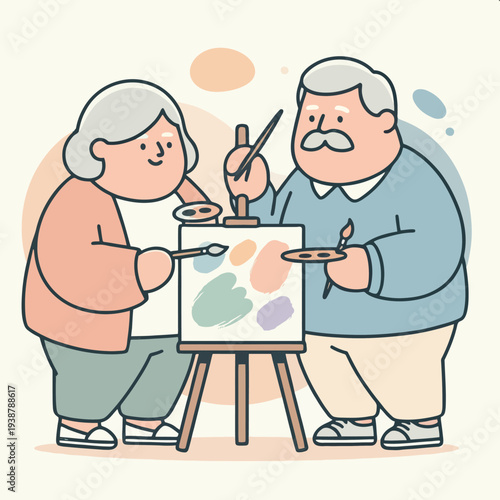 Elderly Couple Painting Together on Canvas.