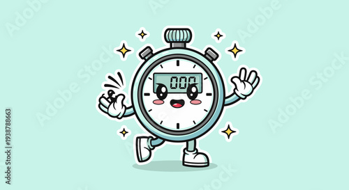 Cartoon Stopwatch Character Celebrates Time and Motion.