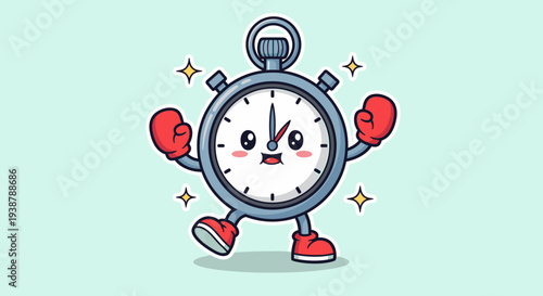 Cartoon stopwatch mascot with boxing gloves.