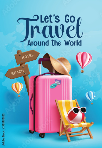 Travel template clipart poster design. Let's go Travel around the world text clip art with summer and traveler elements like luggage bag, summer hat, hotel and beach arrow sign, beach chair and hot 