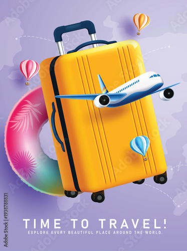 Travel Time clipart poster design. Time to Travel text with luggage bag, floater, airplane and hot air balloon traveler elements clip art for summer trip destination journey and tour adventure vector 
