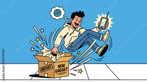 Joyful unboxing of new imported tech gadget, excited young man and global connectivity concept illustration