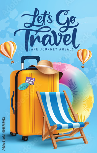 Travel template clipart poster design. Let's go Travel text clip art with luggage bag, beach chair, floater and hot air balloon summer and traveler elements in blue background for holiday trip