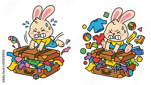 Cartoon bunny character struggles to close an overstuffed suitcase, depicting travel packing stress and frustration.