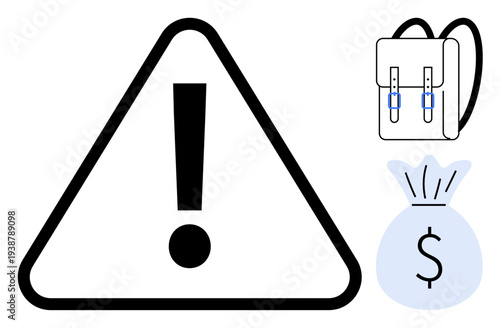 Safety warnings, theft prevention, financial risks, savings, guidance, and travel security. A triangle caution sign, a money bag and a backpack icon. Safety warnings and theft prevention concepts