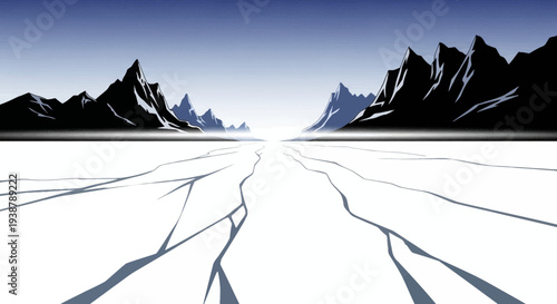 Vast frozen expanse with stark mountain peaks under a clear arctic sky extending to the horizon