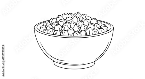 Clean black and white line art illustration of a bowl brimming with nutritious chickpeas, perfect