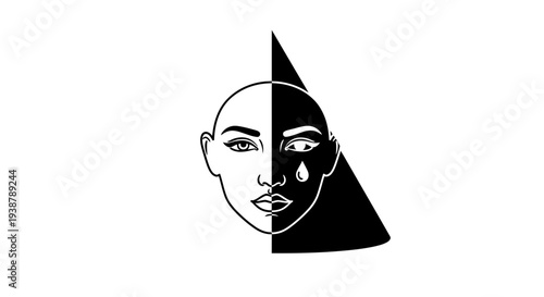 Monochromatic face revealing contrasting emotions and a symbolic tear drop in abstract graphic style