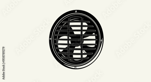 Stylized monochrome illustration of a circular ventilation fan with a protective grille for air