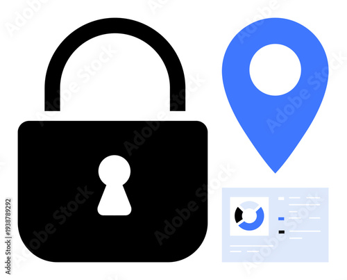 Data security. Lock symbol, map location pin, and analytics dashboard highlight data security and geolocation integration. Data security protection for apps, tracking, analysis, and privacy tools