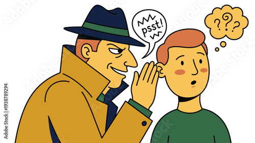 Confidential whisper: Mysterious person sharing a secret or gossip with a surprised individual, conveying a rumor or private message.