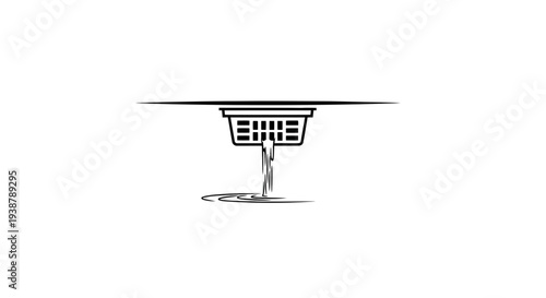 Minimalist black and white icon depicting a water drain with flowing liquid and ripple effects below
