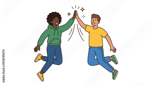 Diverse Friends High-Fiving: Joyful Celebration of Teamwork, Success, and Achievement - Flat Illustration