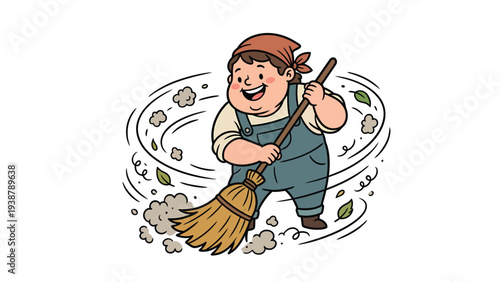 Cheerful Cartoon Gardener Sweeping Leaves and Dust with a Broom