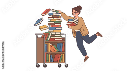 Woman stacking a tall pile of books on a library cart, symbolizing organization, learning, and knowledge. Education and literature concept.