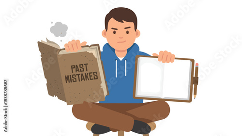 Learning from Past Mistakes and Planning a Fresh Start: Man with Old Book and Blank Notebook