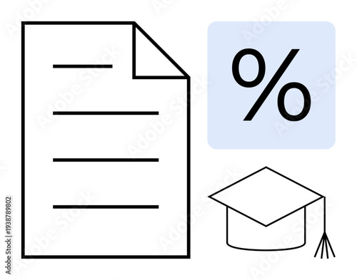 Academic goals, grading systems, education milestones, school success, career planning, educational achievement. Paper document, percentage symbol and graduation cap illustration. Academic goals