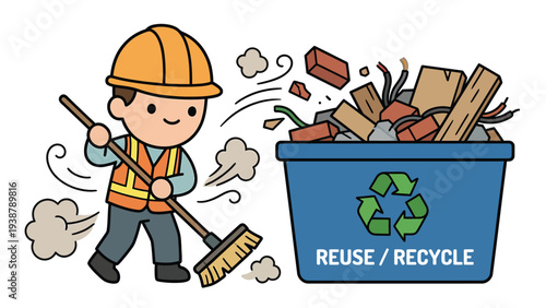 Construction Worker Sweeping Debris into Recycling Bin. Waste Management, Reuse, and Recycle Concept.