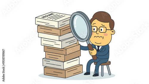 Cartoon Man Meticulously Reviewing Records Stack with Magnifying Glass for Data Analysis or Audit