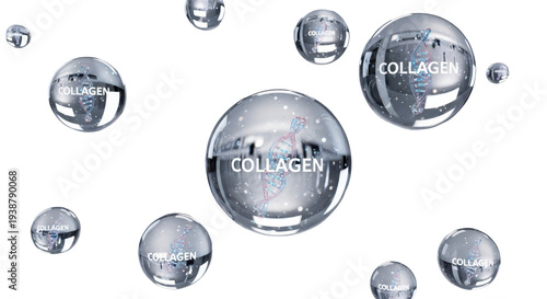 Cosmetic product research background. Collagen concept. Floating liquid spherical bubbles, 3d rendering.