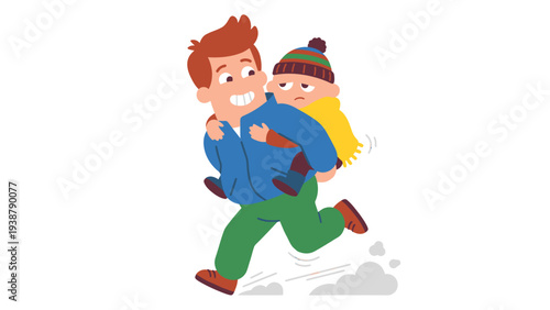 Happy cartoon man running with child on piggyback ride in winter, family illustration