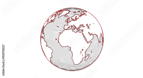 A red line drawing of a globe centered on africa and europe with a detailed map outline