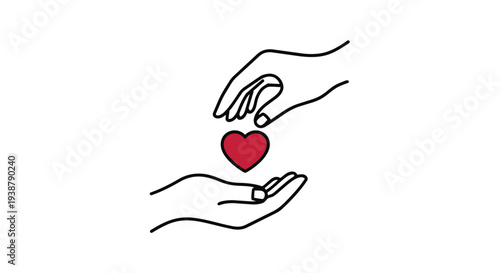 A simple line drawing of two hands holding a red heart symbolizing love and care
