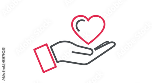 A line drawing of a hand with a heart above it in pink and black lines