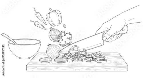 Chef's hand with knife chopping fresh vegetables on wooden board preparing healthy ingredients for delicious meal