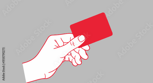 A hand holding a red card on a gray background with a white lower section