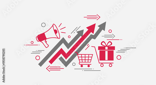 A colorful illustration of a growing sales graph with a shopping cart and gift box, symbolizing online shopping and business growth