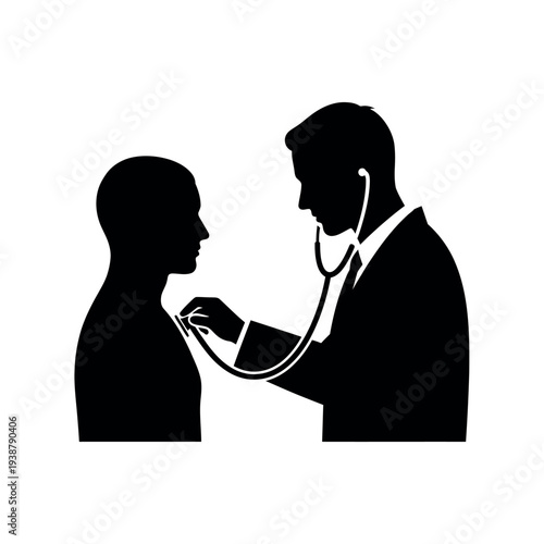Doctor examining patient with stethoscope silhouette.