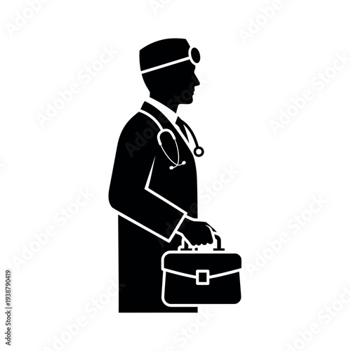 Doctor silhouette with medical bag and stethoscope.