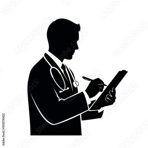 Doctor silhouette writing on clipboard with stethoscope.