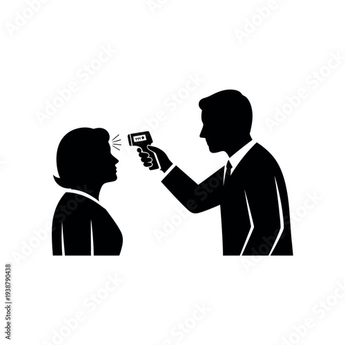 Man checking womans temperature with infrared thermometer.