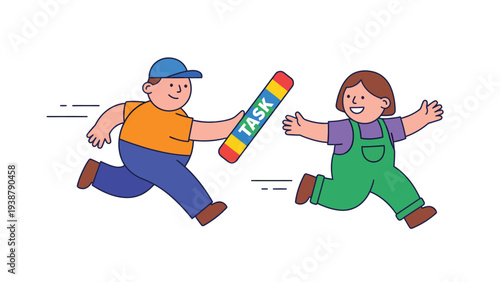 Illustration of two people passing a 'TASK' baton, symbolizing teamwork, responsibility transfer, and collaboration in a project relay.