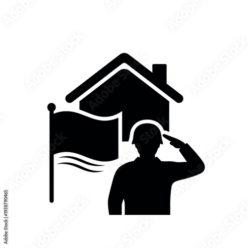 Military veteran saluting with house and flag.