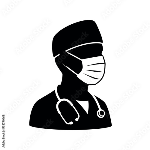 Silhouette of a doctor wearing a face mask and stethoscope.