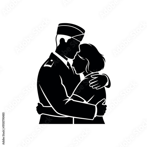 Silhouette of a military couple embracing showing love and reunion.