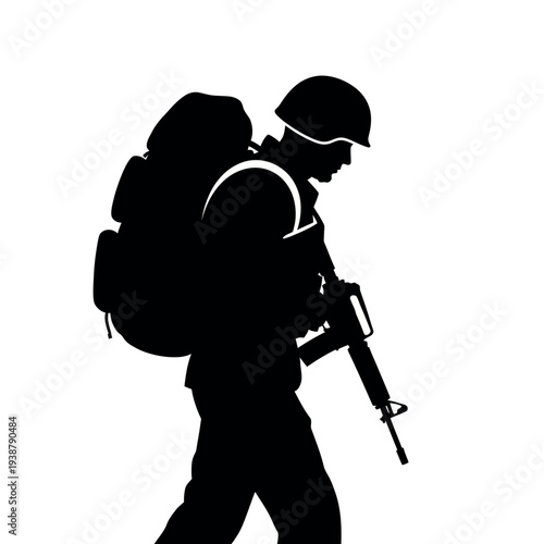Silhouette of a soldier carrying a rifle and backpack.