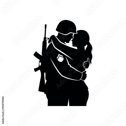 Silhouette of a soldier embracing his beloved partner.