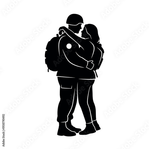 Silhouette of a soldier embracing a woman.