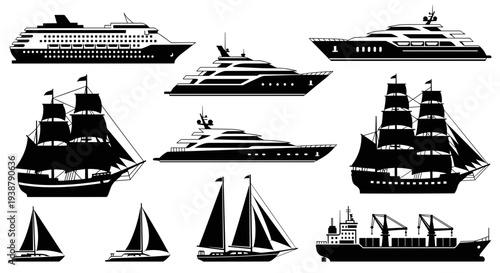 Diverse collection of silhouette watercraft including luxury yachts cruise liners sailboats and cargo ships showcasing